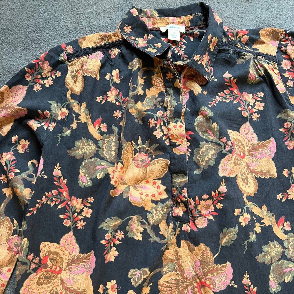 Sundance Floral Blouse Womens Size Small Black Half Button Long Sleeve Top - Picture 3 of 10